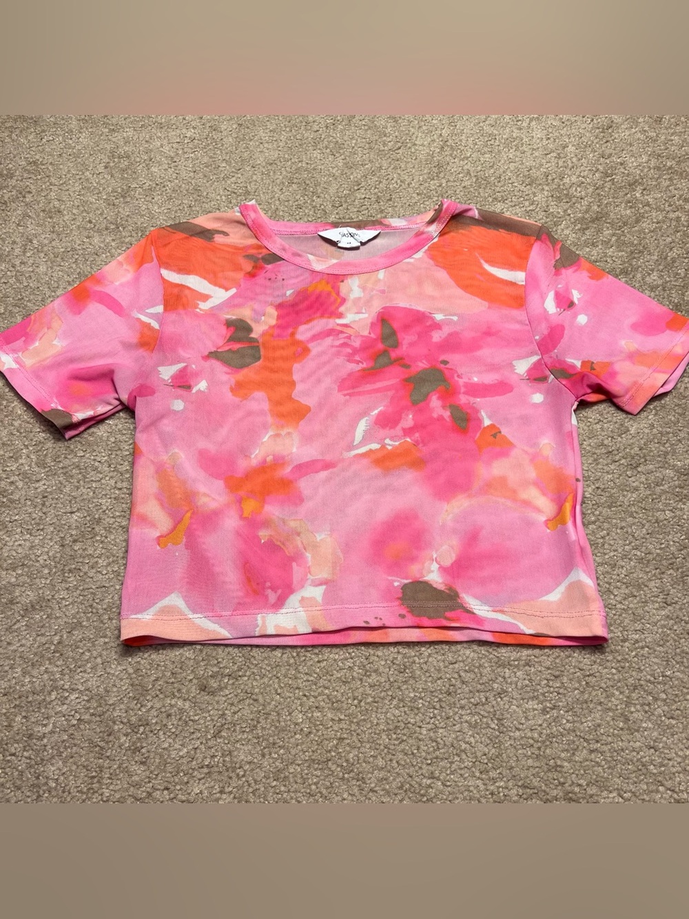 Glassons Pink & Orange Watercolor Cropped Short Sleeve Tee